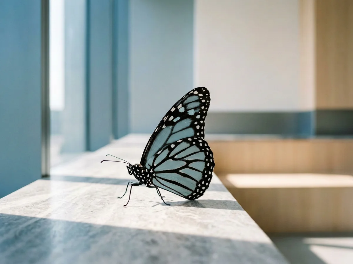 A black and white butterfly resting on a white windowsill with sunlight coming through the window.