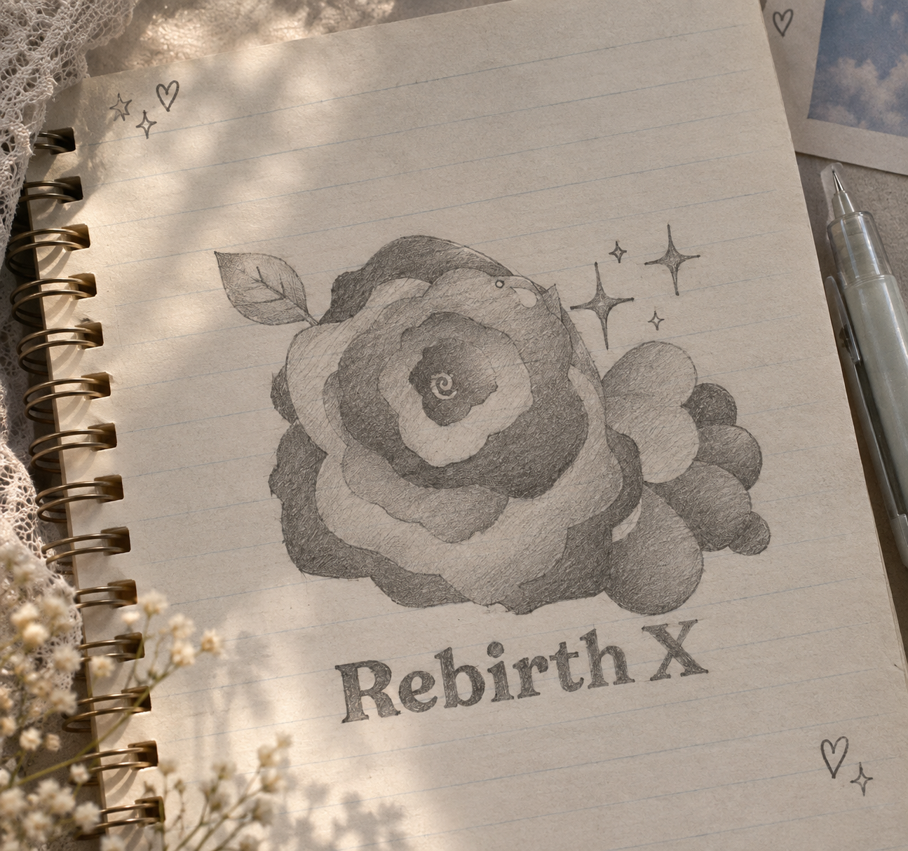 A lined notebook page with a pencil sketch of a rose, with small stars and hearts drawn around it, and the words 'Rebirth X' written at the bottom. A ballpoint pen and some flowers are visible nearby.
