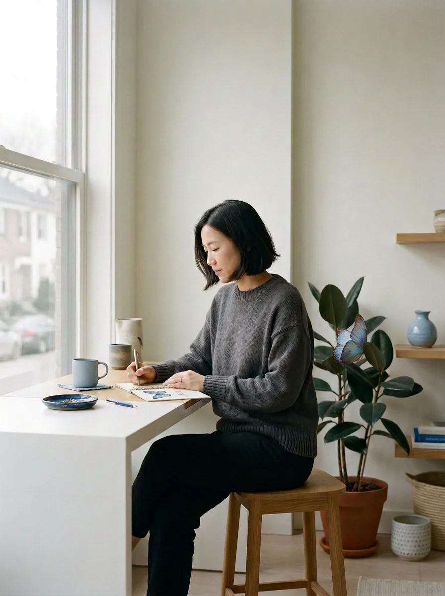 A woman sitting on a wooden stool at a white table, writing in a notebook near a window with a coffee mug and small plates on the table. There are plants and decorative vases in the background.