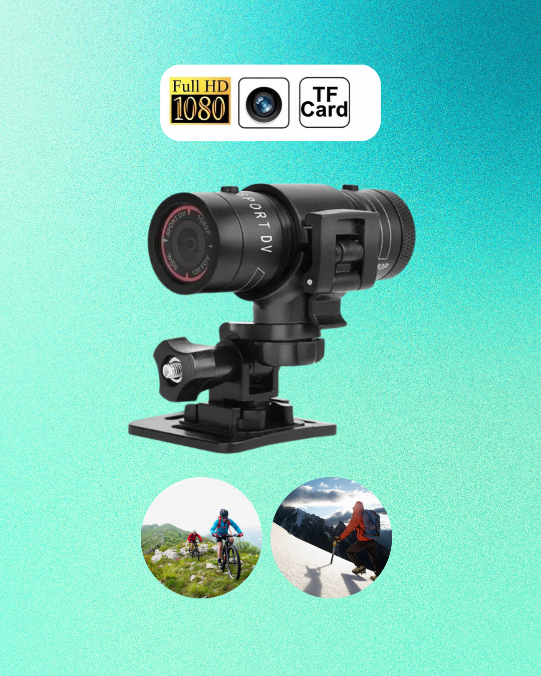 Cámara deportiva en un fondo de color azul y verde, con iconos que indican grabación en Full HD 1080p, con sensor de cámara y ranura para tarjeta TF, y con fotos de personas practicando ciclismo y esquí.