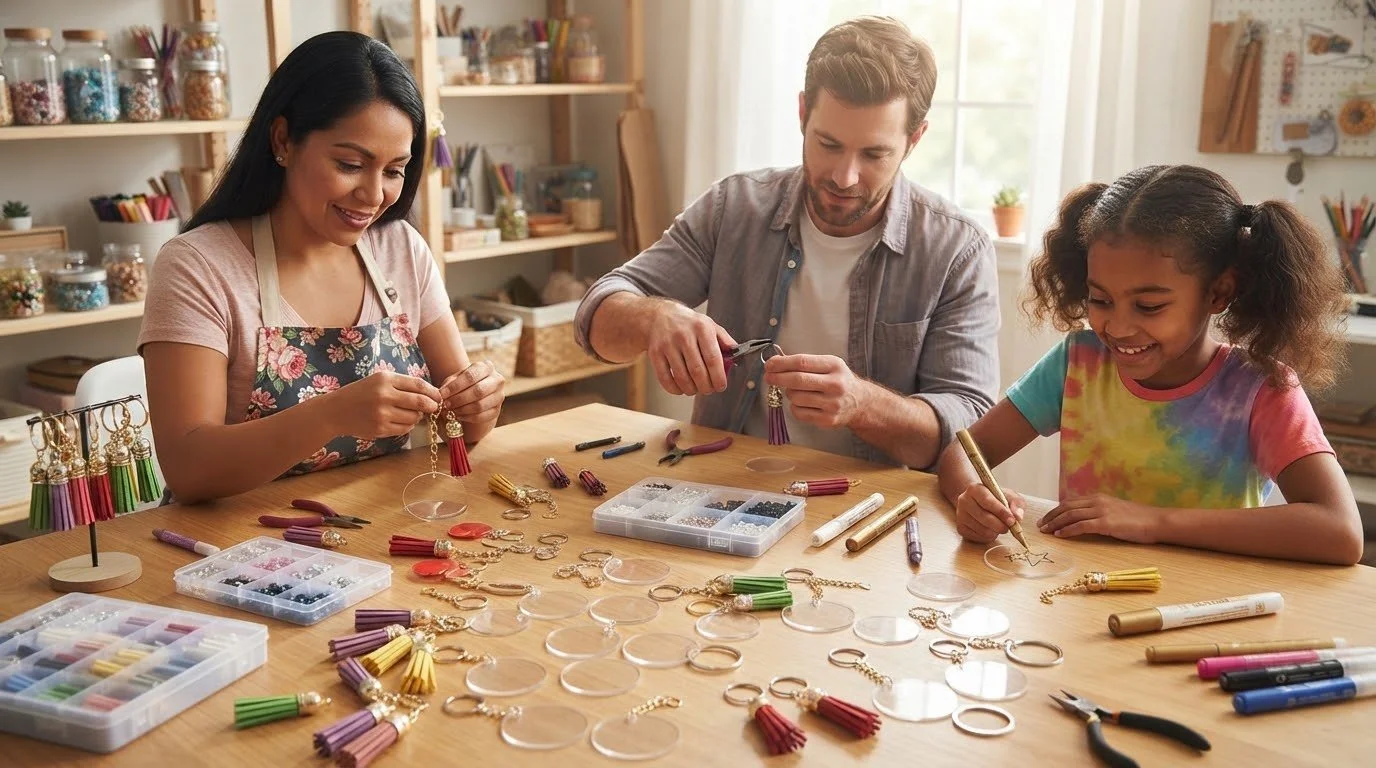 Tres personas, dos adultos y una niña, trabajando en un taller de manualidades. Están haciendo y decorando llaveros con piedras y borlas de colores sobre una mesa. El taller tiene estantes con materiales y herramientas en el fondo.