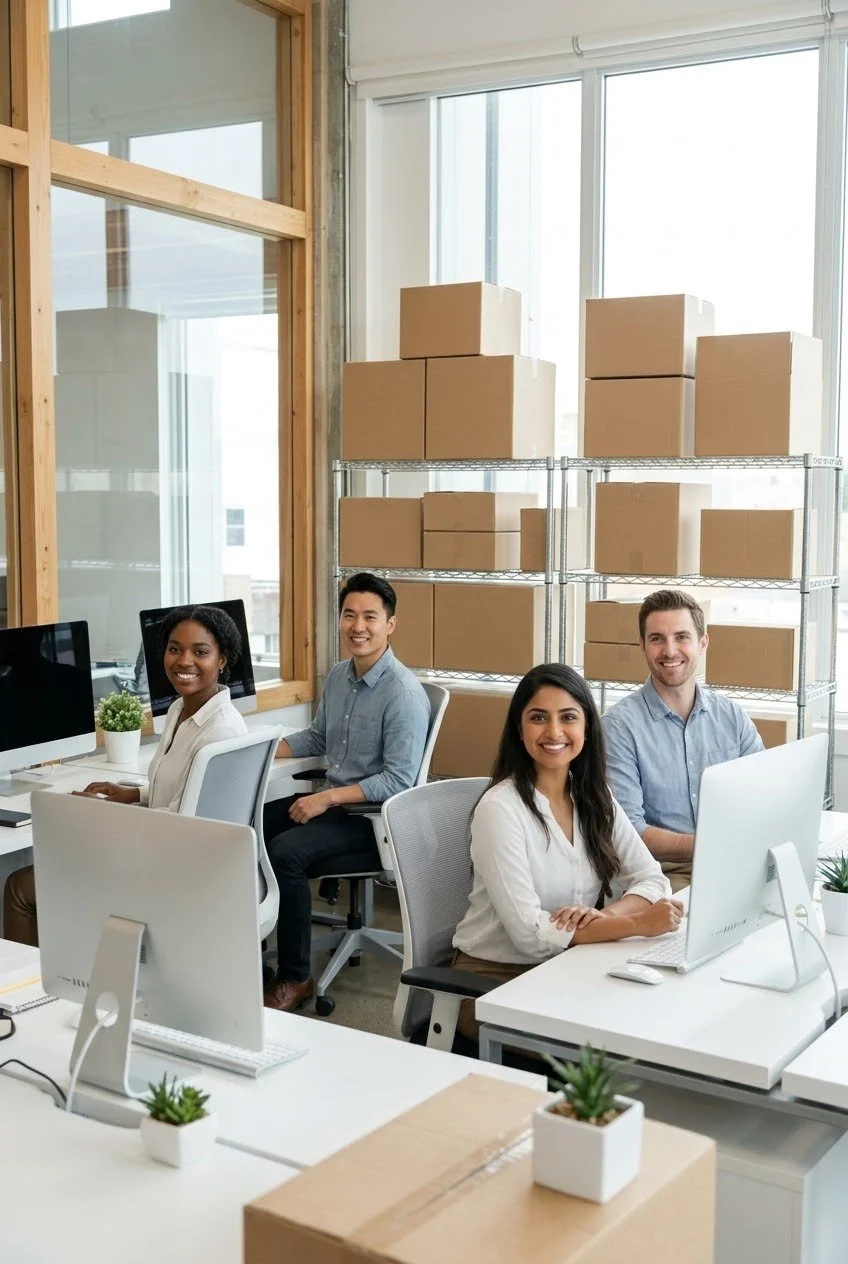 Cuatro personas sonidas en una oficina moderna con computadoras y estanterías llenas de cajas de cartón. Están sonriendo y mirando hacia la cámara.