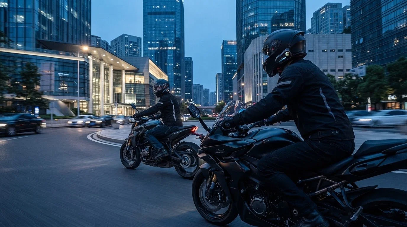 Dos motociclistas con cascos y ropa de protección circulando en una ciudad moderna de noche.