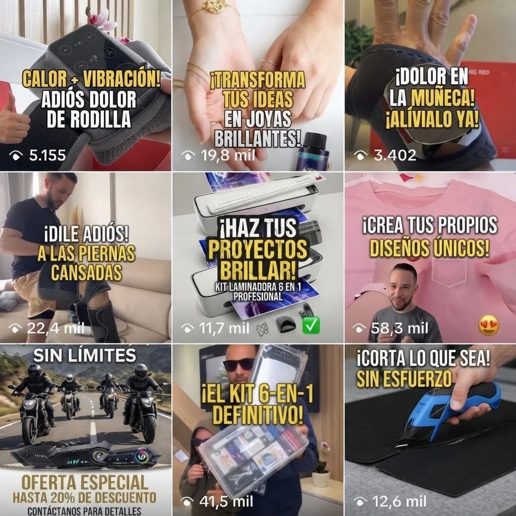 Mosaico de nueve anuncios publicitarios que promueven productos y servicios tecnológicos y de estilo de vida, incluyendo una almohadilla de calor y vibración para rodillas, joyas, una pulsera de actividad, un kit de laminadora de cinco en uno, un dis
