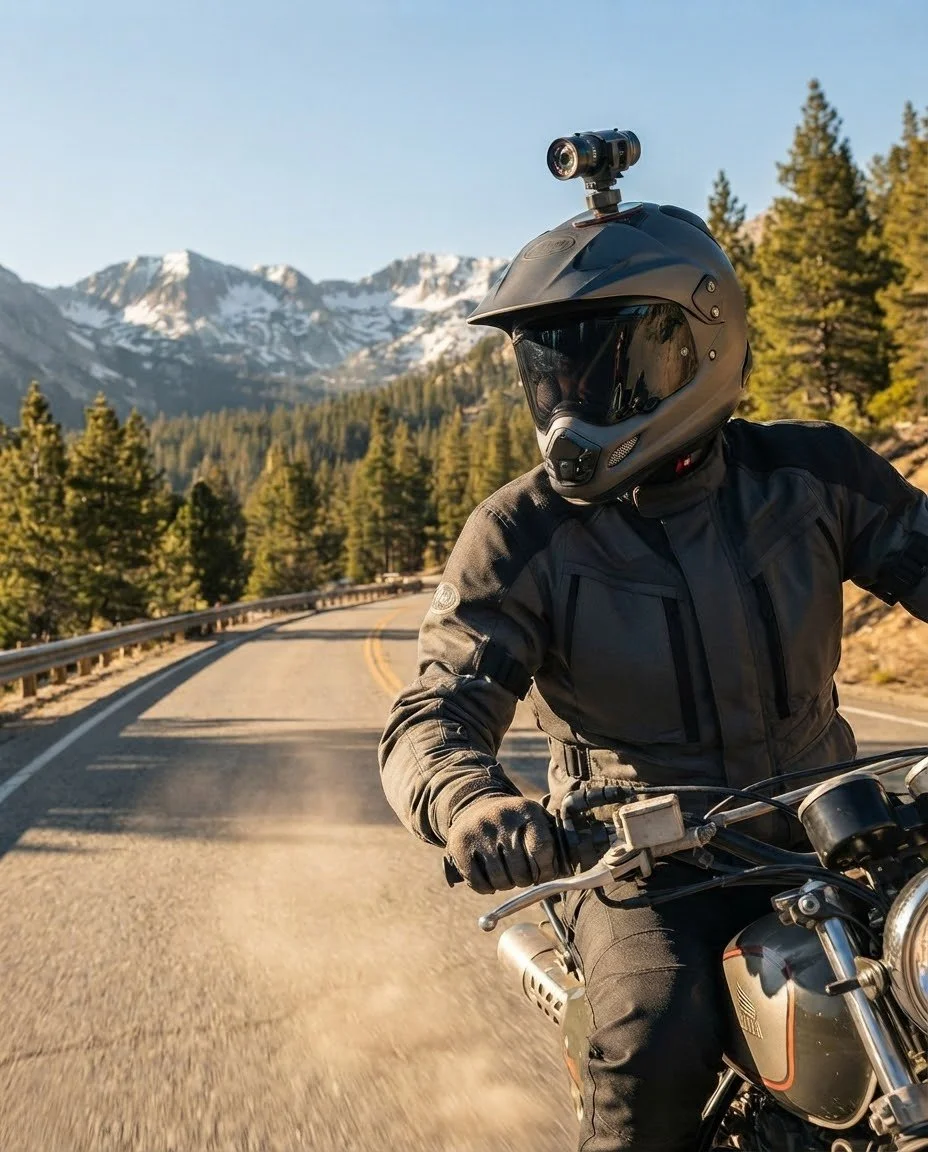 Persona montando una motocicleta en una carretera de montaña con árboles y picos nevados en el fondo, usando casco y ropa de protección.