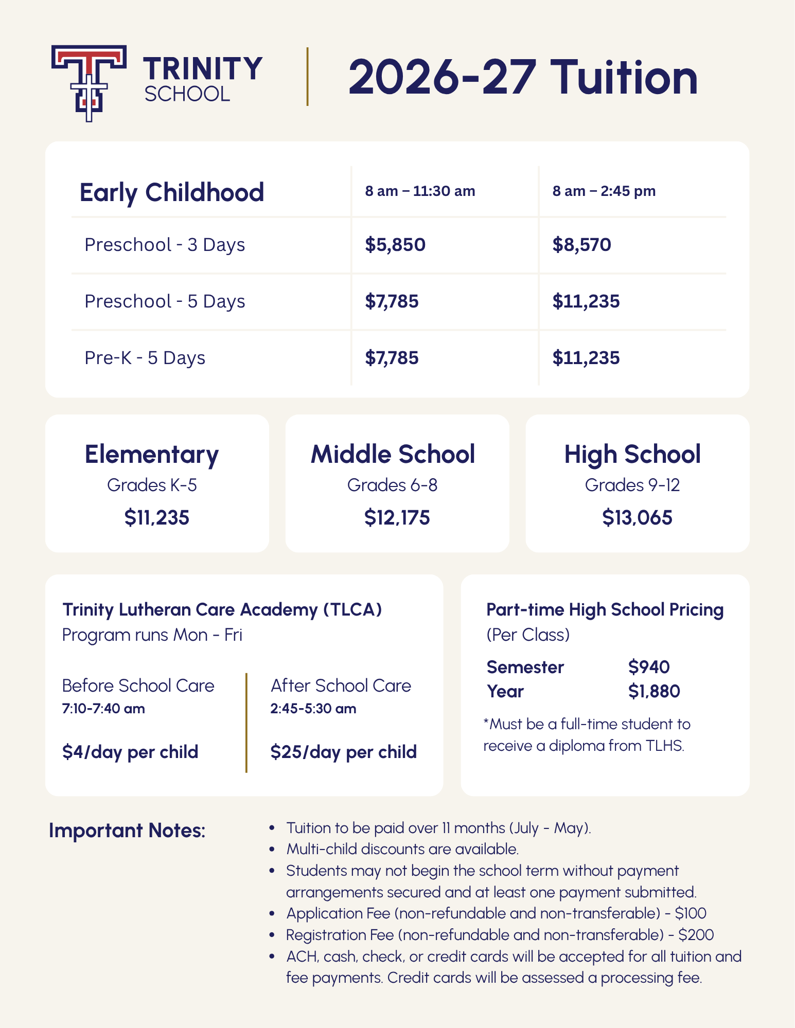 2026–27 Trinity Lutheran School tuition
