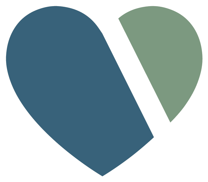 A broken heart-shaped pie chart with three segments in dark blue, green, and black.