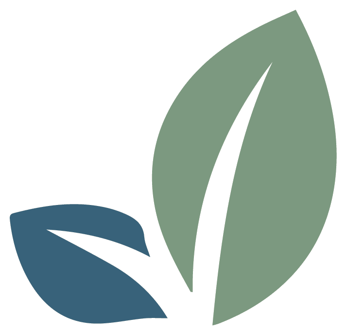 Stylized illustration of two leaves, one larger green leaf and one smaller blue leaf, on a light background.