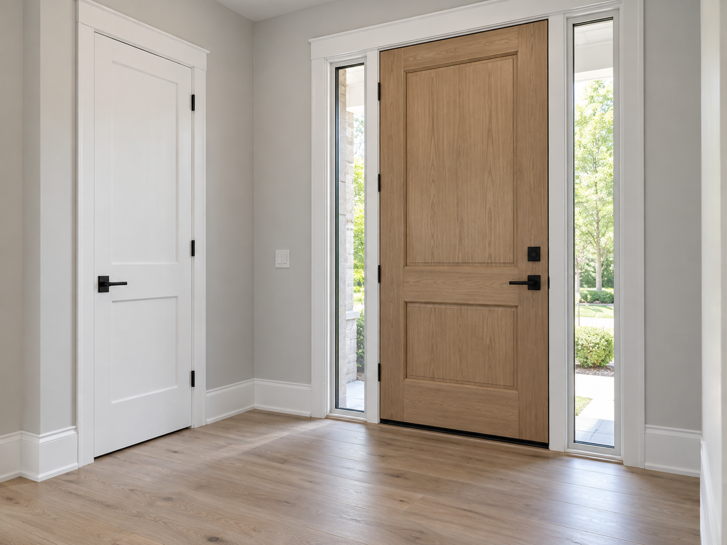 A modern front entryway with a natural wood front door for entry, flanked by sidelights with glass to the outside, and a white interior door on the left. The space features light wood flooring, white trim, and gray walls.
