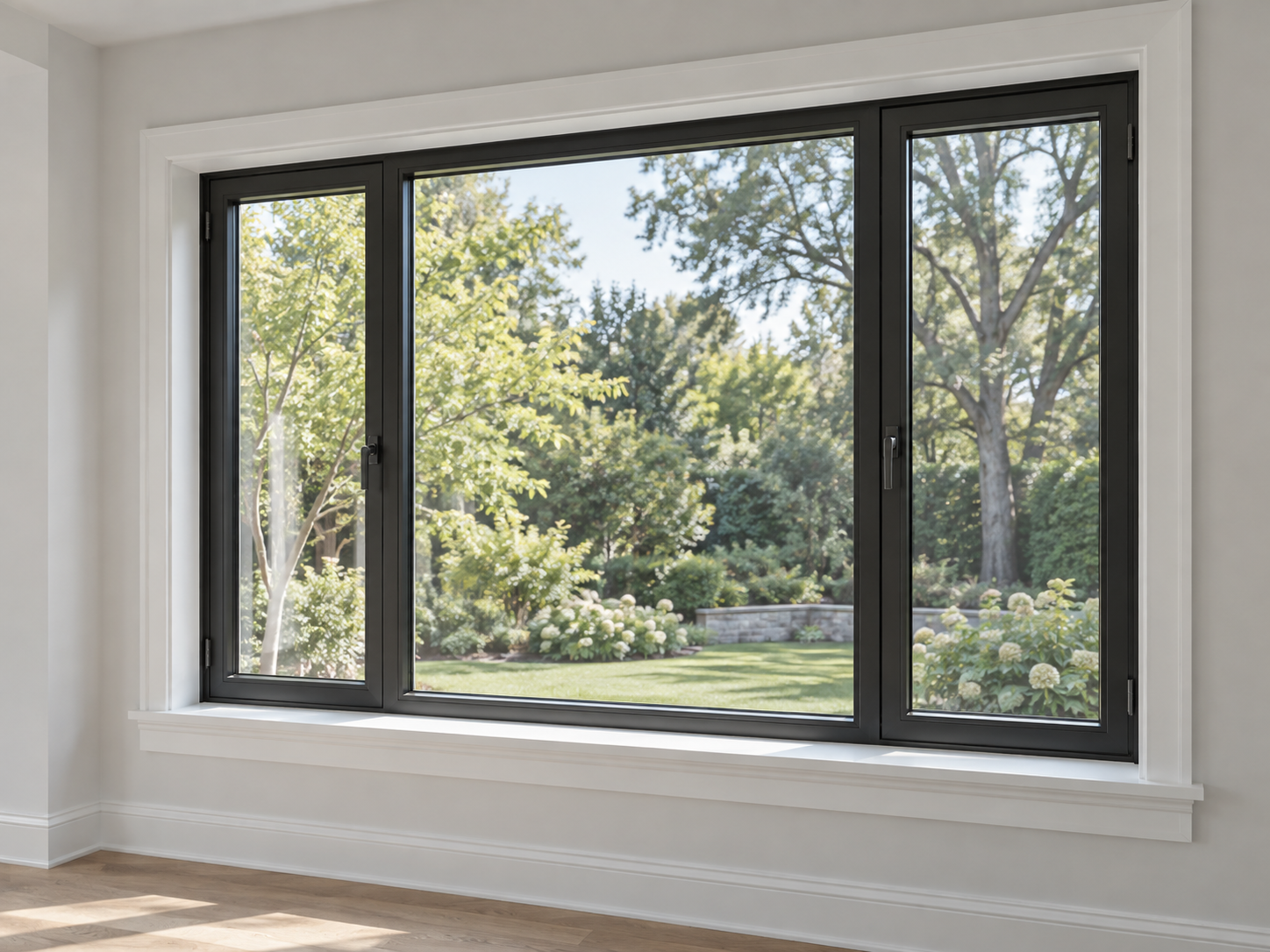 Modern black framed sliding glass window overlooking a lush green garden with trees and bushes.