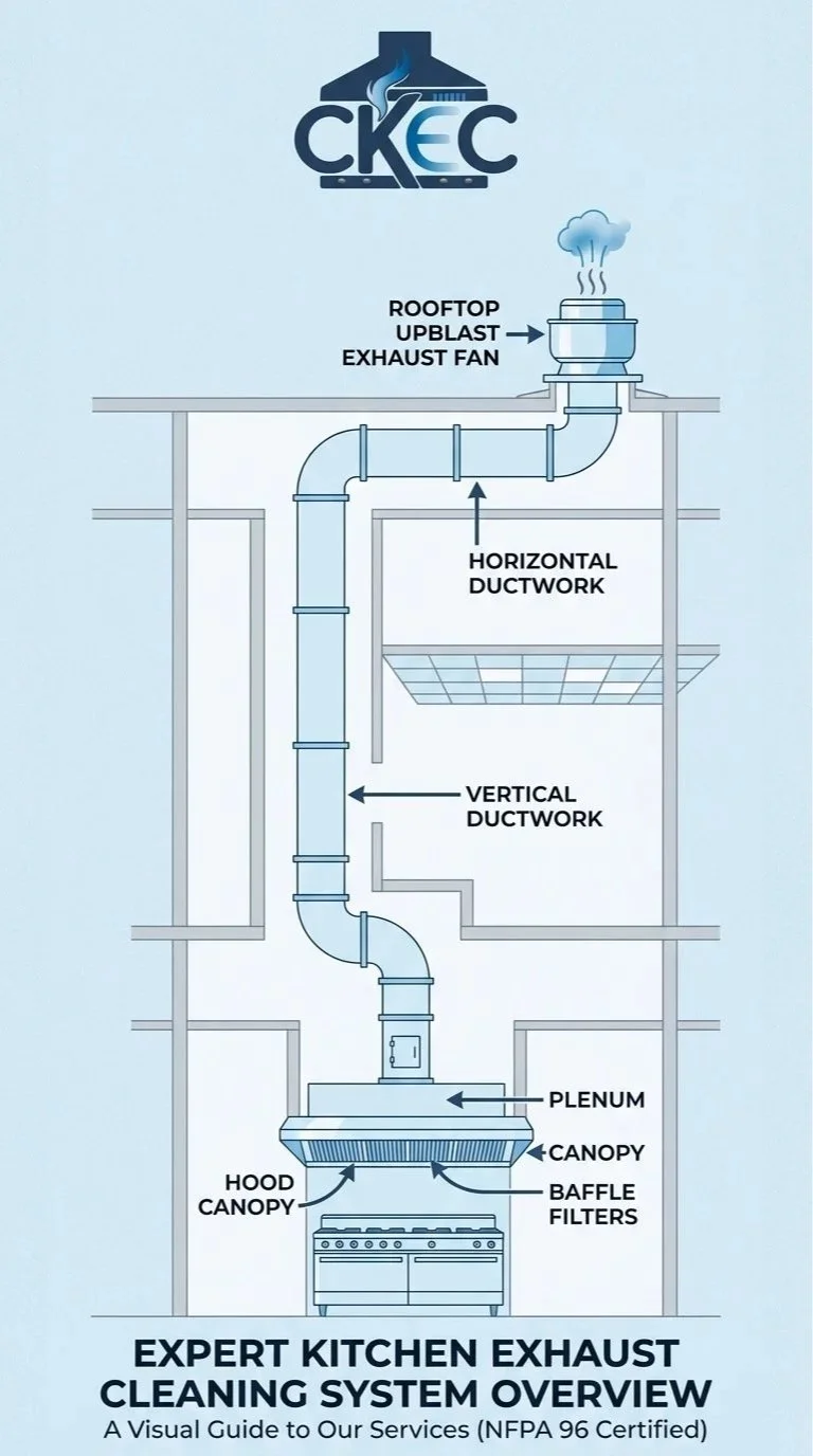 Diagram of an expert kitchen exhaust cleaning system showing components including plenum, hood canopy, canopy, baffle filters, vertical ductwork, horizontal ductwork, rooftop upblast exhaust fan, and a visual guide overview.