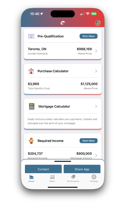 Mobile app screen showing mortgage-related tools like Pre-Qualification, Purchase Calculator, Mortgage Calculator, and Required Income with navigation options at the bottom for Home, Rates, Notifications, and Settings.