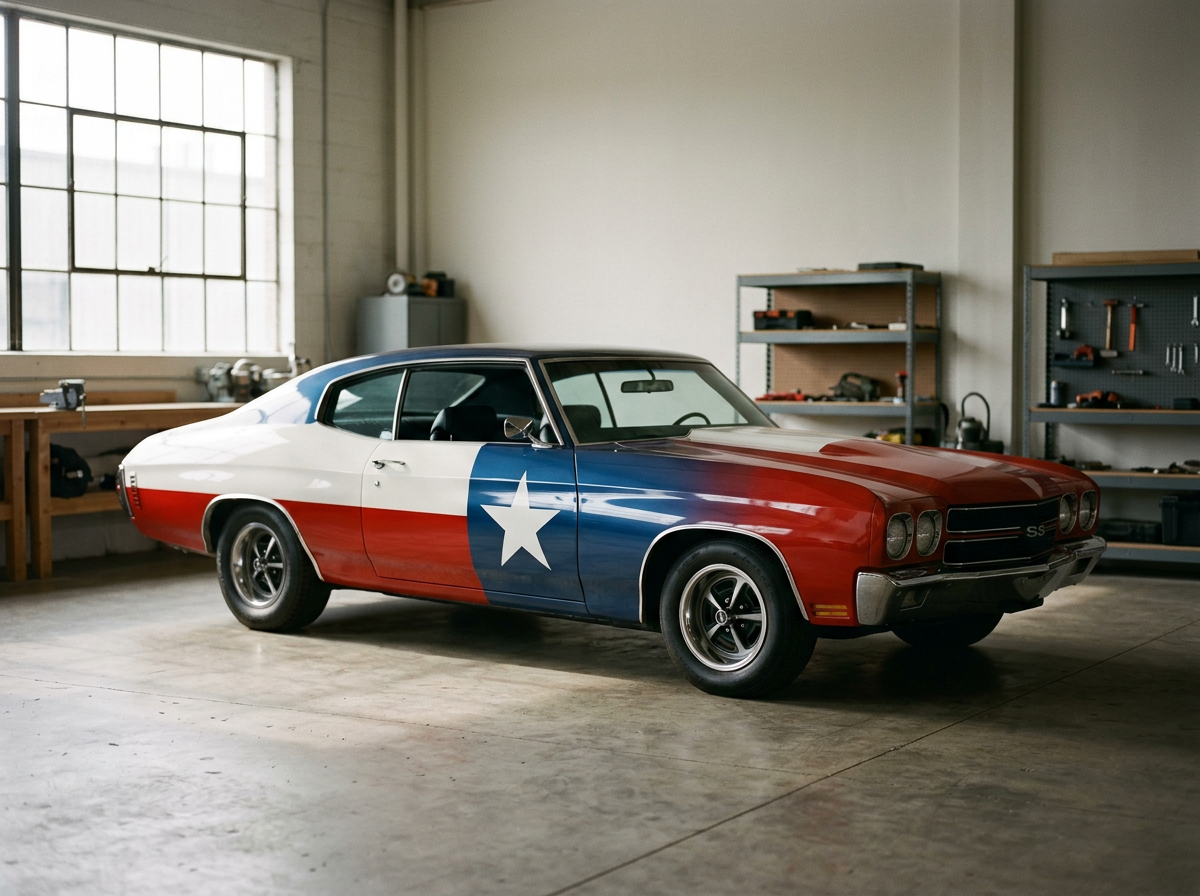 A vintage Chevrolet car with a patriotic American flag-inspired paint job, featuring red, white, and blue colors with a white star, parked inside a well-lit garage with tools and workbenches.