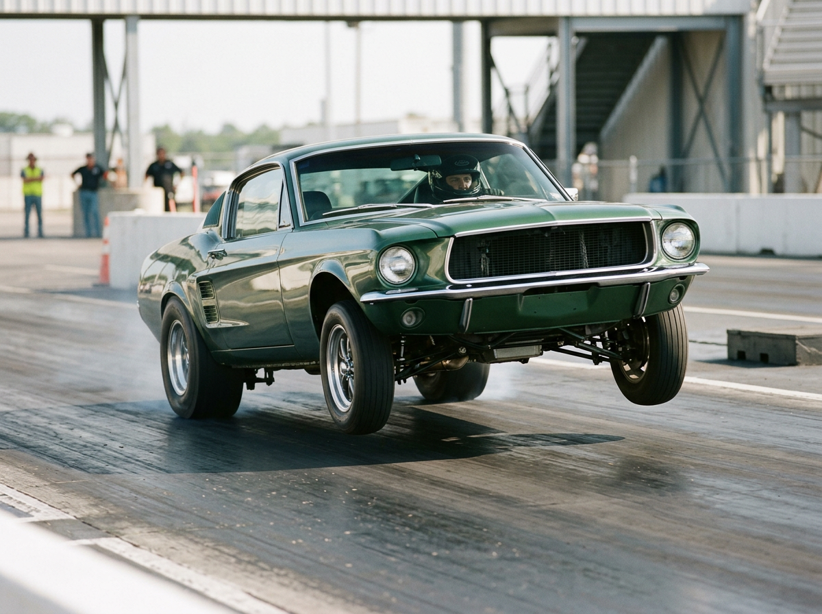 A classic green car launching off the starting line during a drag race at a racing track, with the driver wearing a helmet and the front wheels lifted off the ground.