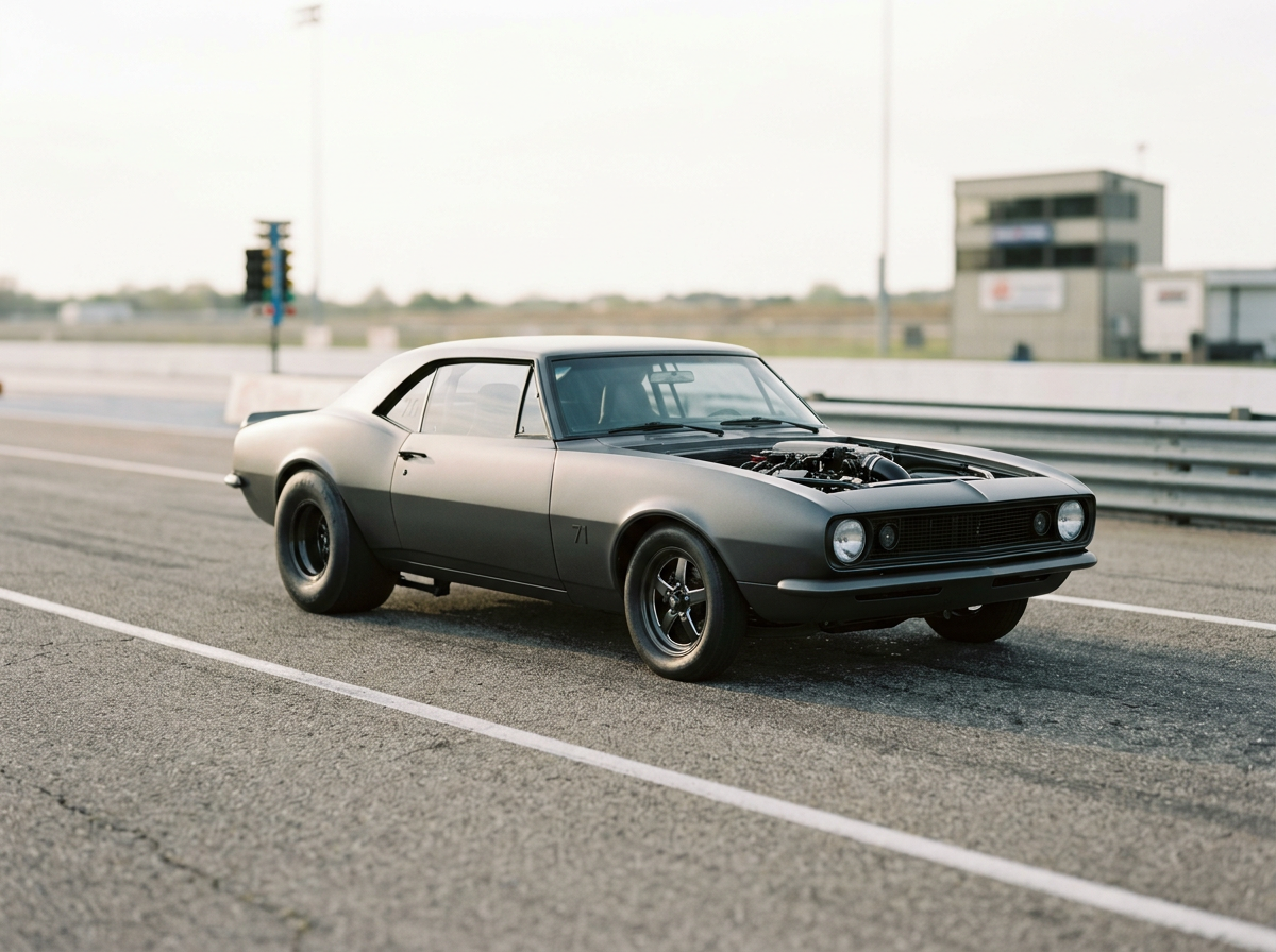 A matte gray classic muscle car with a sleek body, racing tires, and an exposed engine on a racetrack.