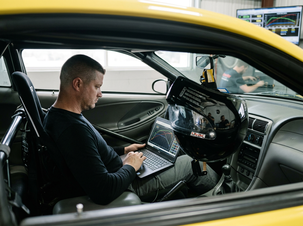 A man working on a laptop inside a race car, with a racing helmet hanging from the rearview mirror, in a workshop with monitors displaying data.