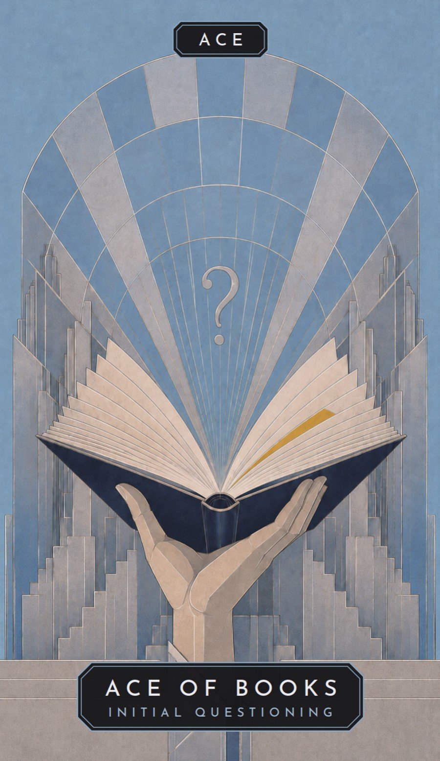 Ace of Books: an open book against a blue sunburst with a question mark overhead