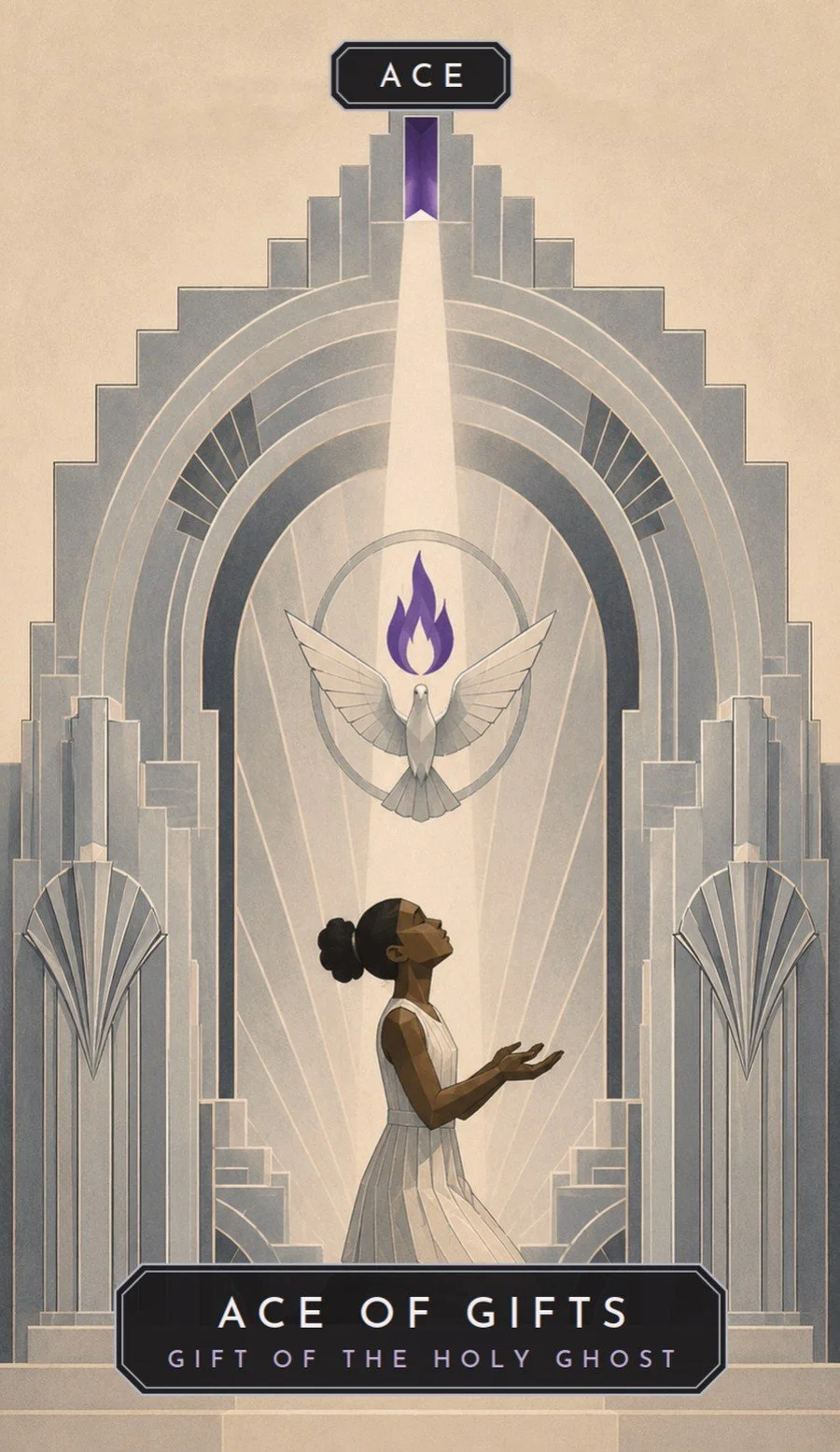 Ace of Gifts: a violet flame descending with a dove toward a woman with arms outstretched in prayer