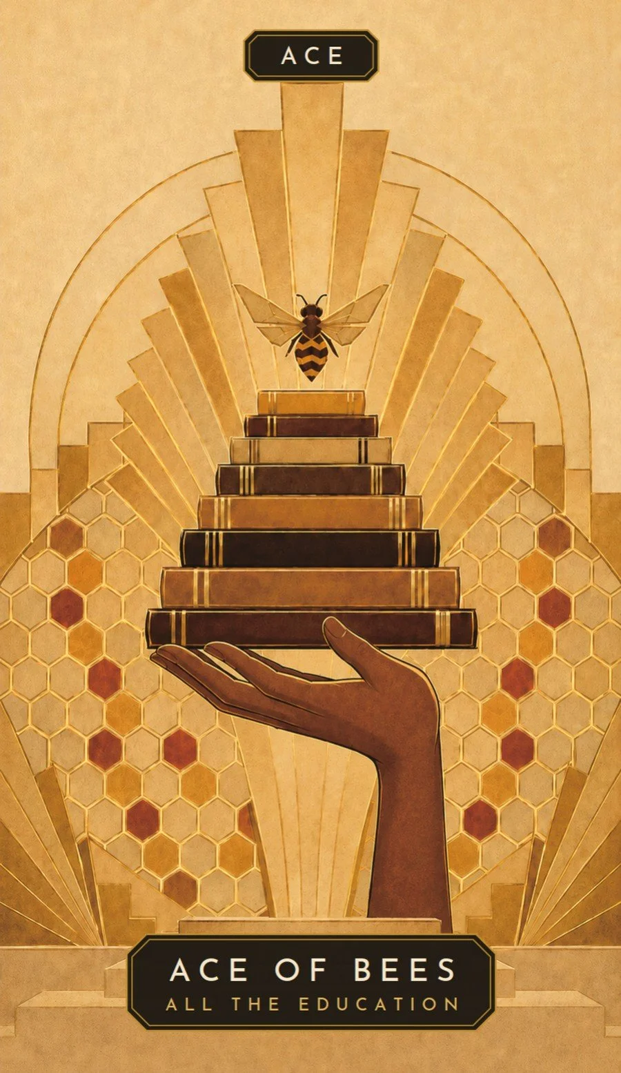 Ace of Bees: a hand offering a honeycomb shaped like a pile of books
