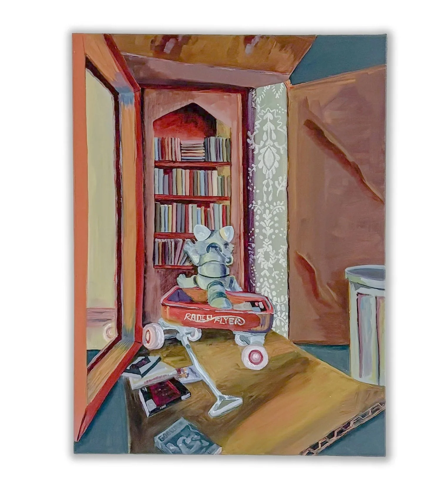 Sorting Through my TBR Pile, oil on canvas, 18"X20"X1", 2025