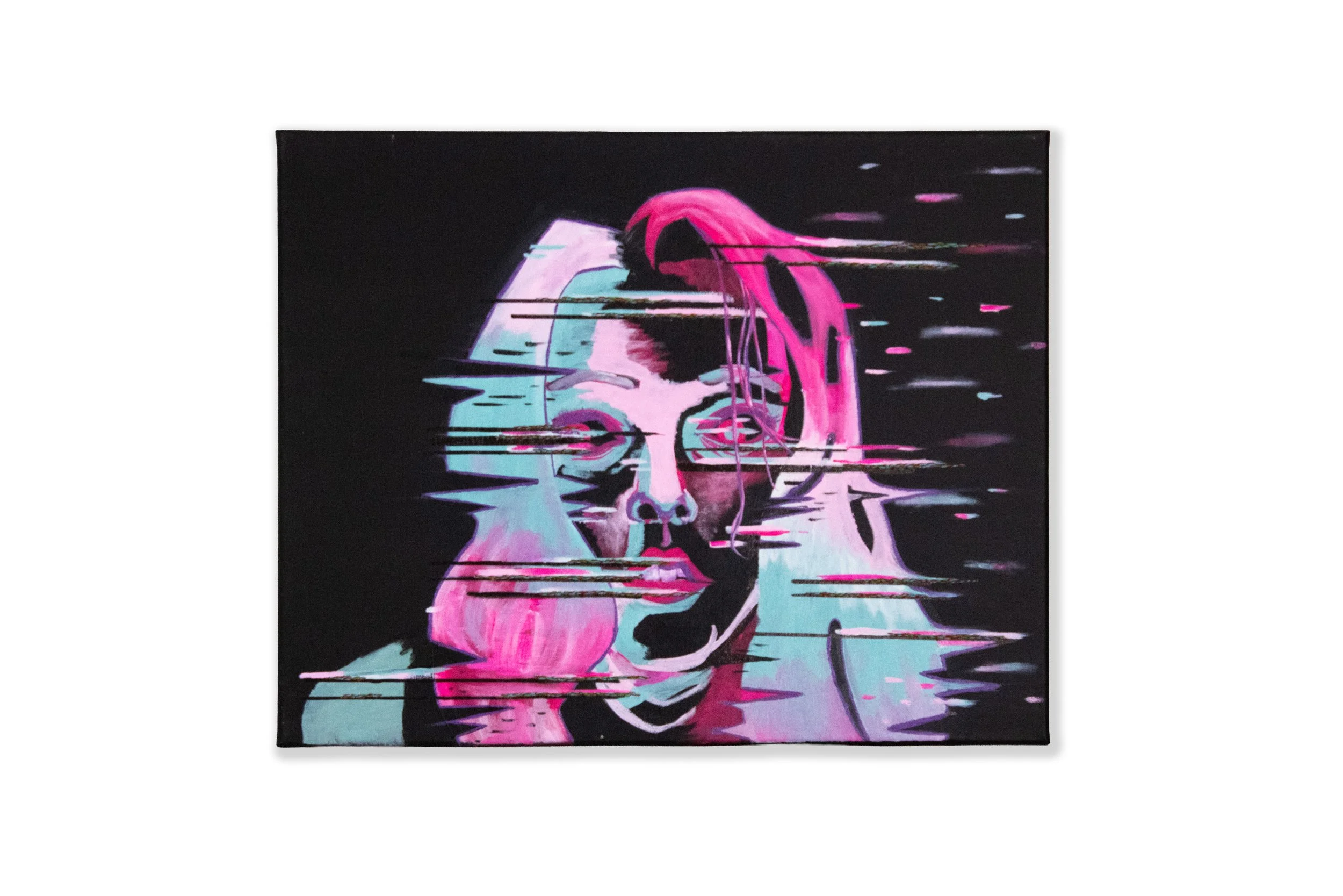 Malfunction, Acrylic paint and embroidery stitching on canvas, 20"X16"X0.5", 2026