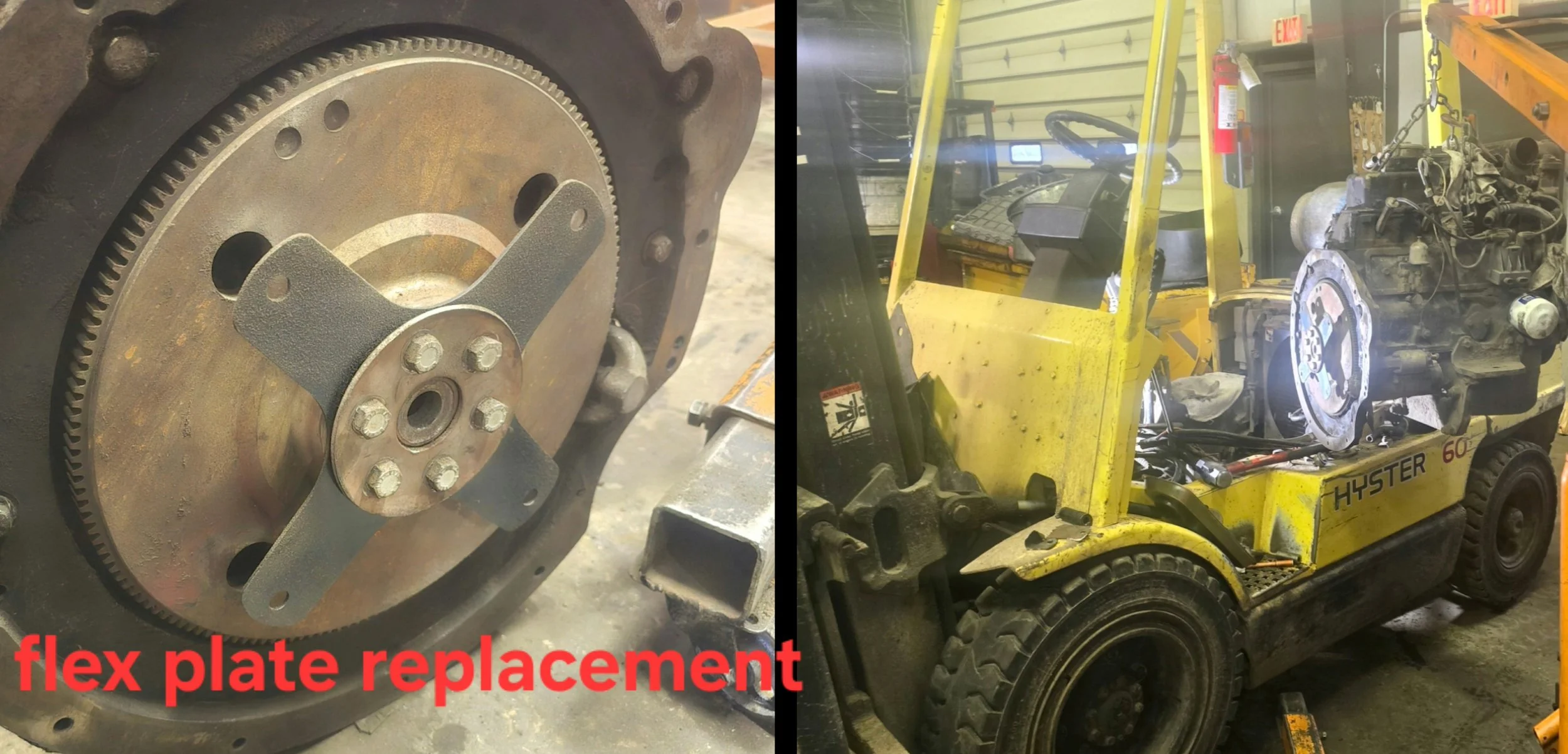 Close-up of a rusty flywheel with a flex plate replacement part attached, and a yellow golf cart with an engine being repaired inside a garage, with a fire extinguisher visible in the background.