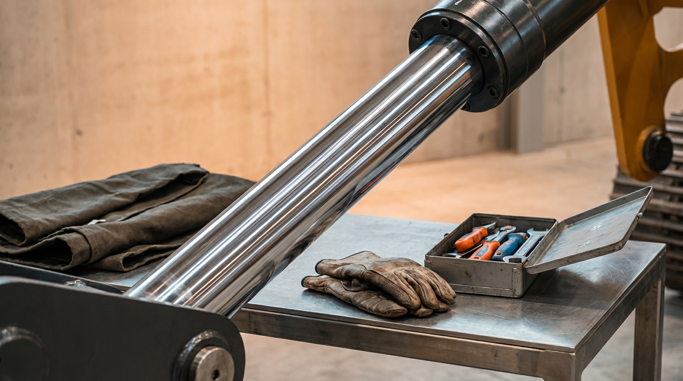 Workstation with gloves, tools, and a large metallic industrial pipe or piston on a stainless steel table.