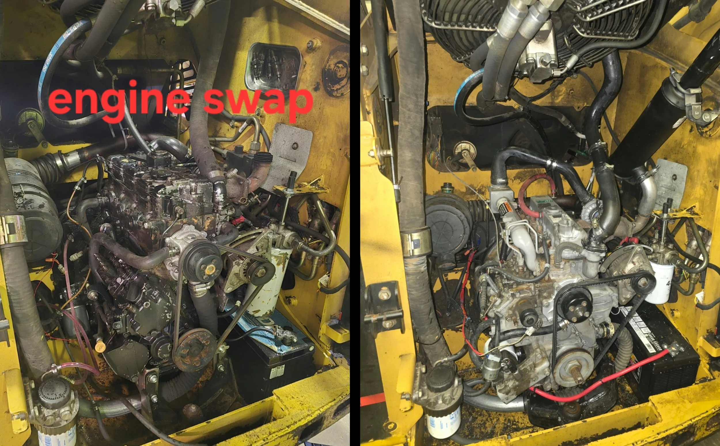 Side-by-side comparison of two engines, indicating an engine swap, with various mechanical parts and hoses visible in a yellow machinery frame.