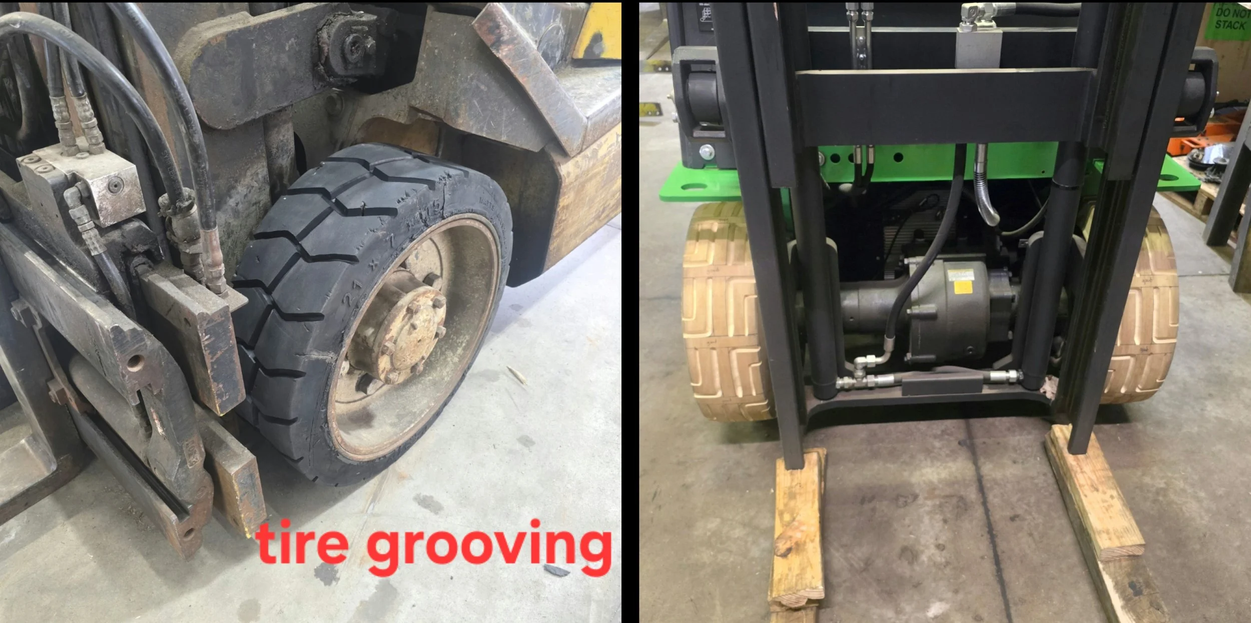 Comparison of a tire grooving machine on the left and a new tire on the right in a workshop.