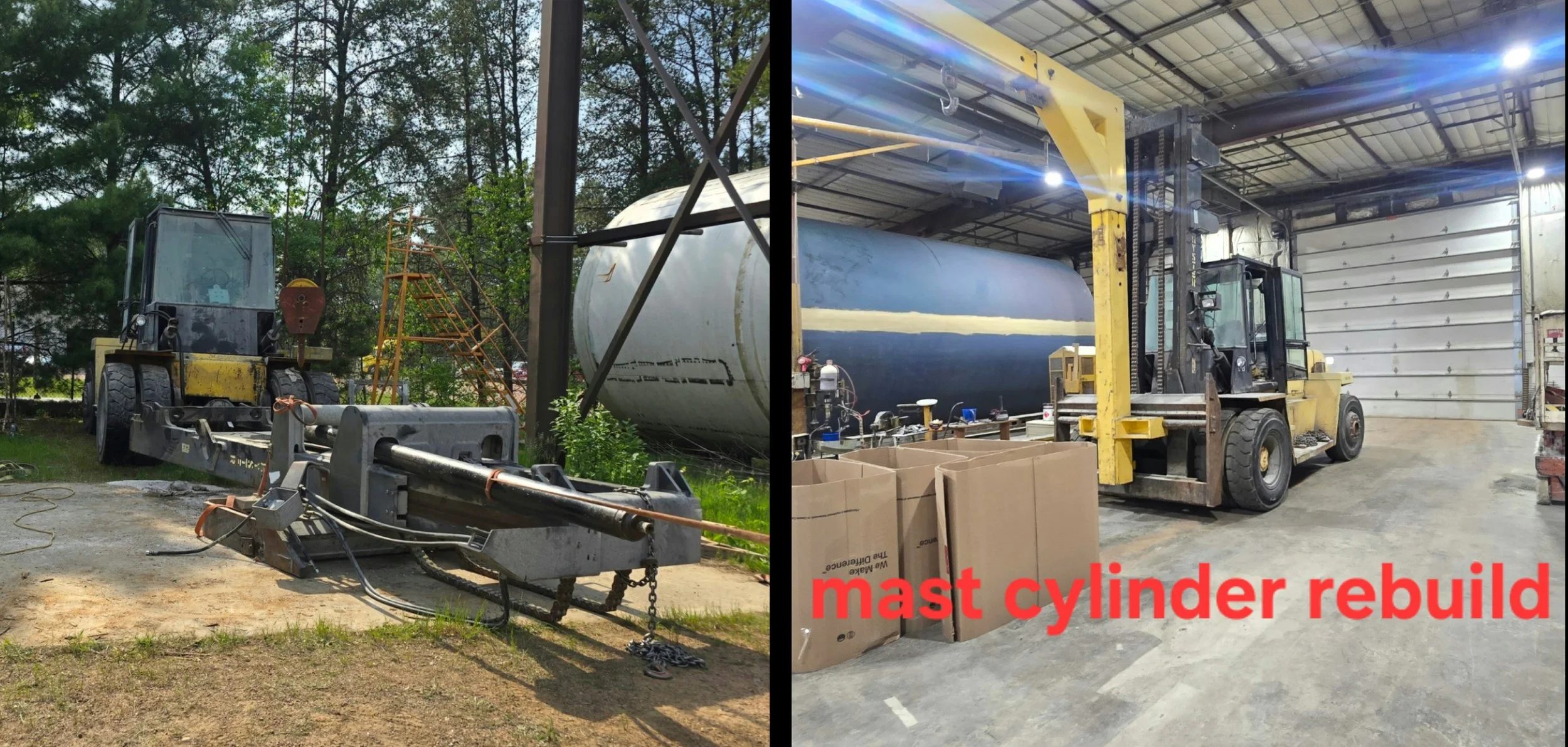 Left side shows construction equipment and a large tank outdoors near trees, right side shows an indoor maintenance area with a forklift and a large cylinder, with red text reading 'mast cylinder rebuild'