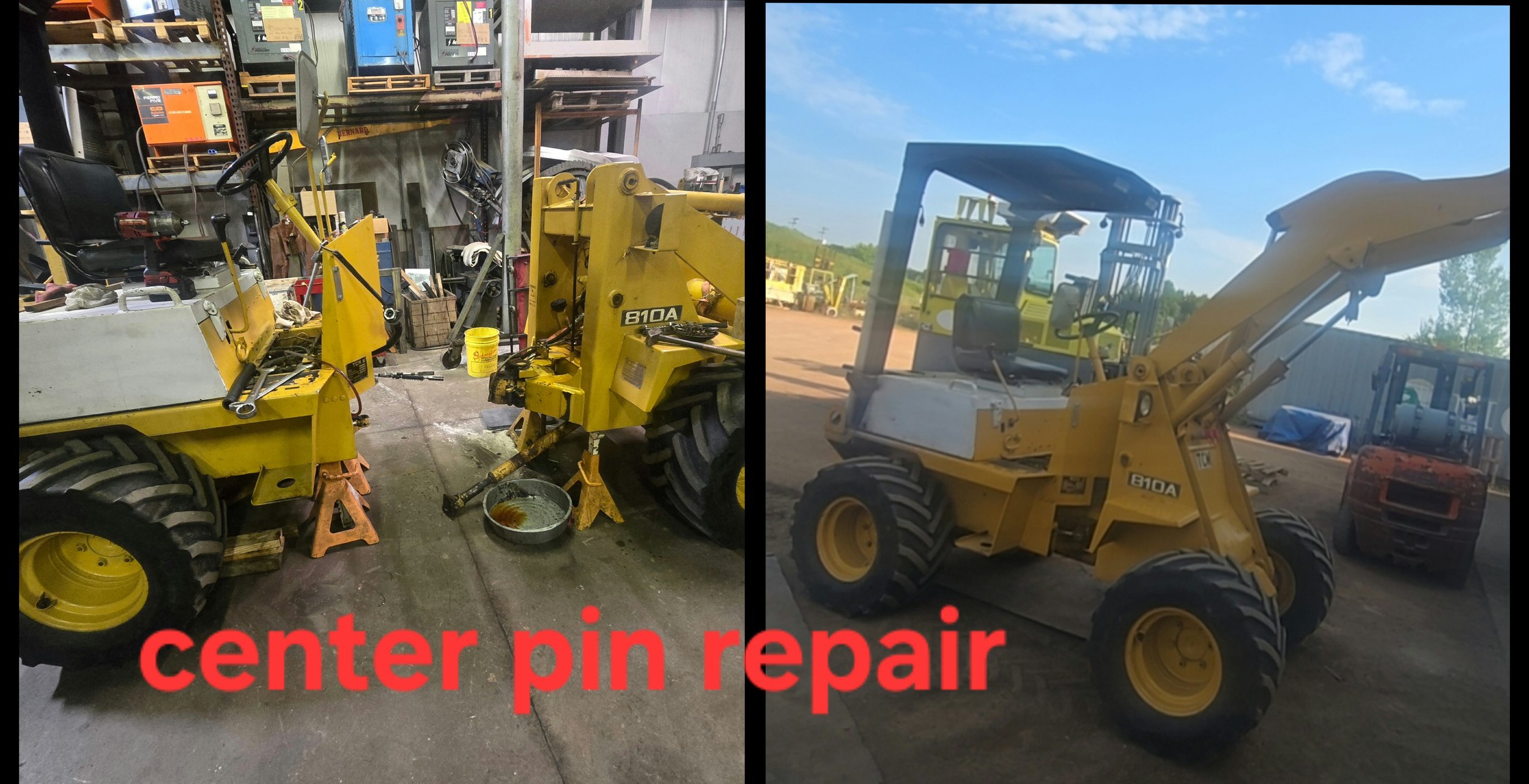 Left side shows an indoor workshop with yellow construction equipment, tools, and a black office chair, indicating equipment repair or maintenance. Right side shows outdoor scene with yellow construction vehicle, likely a loader, parked under blue sk