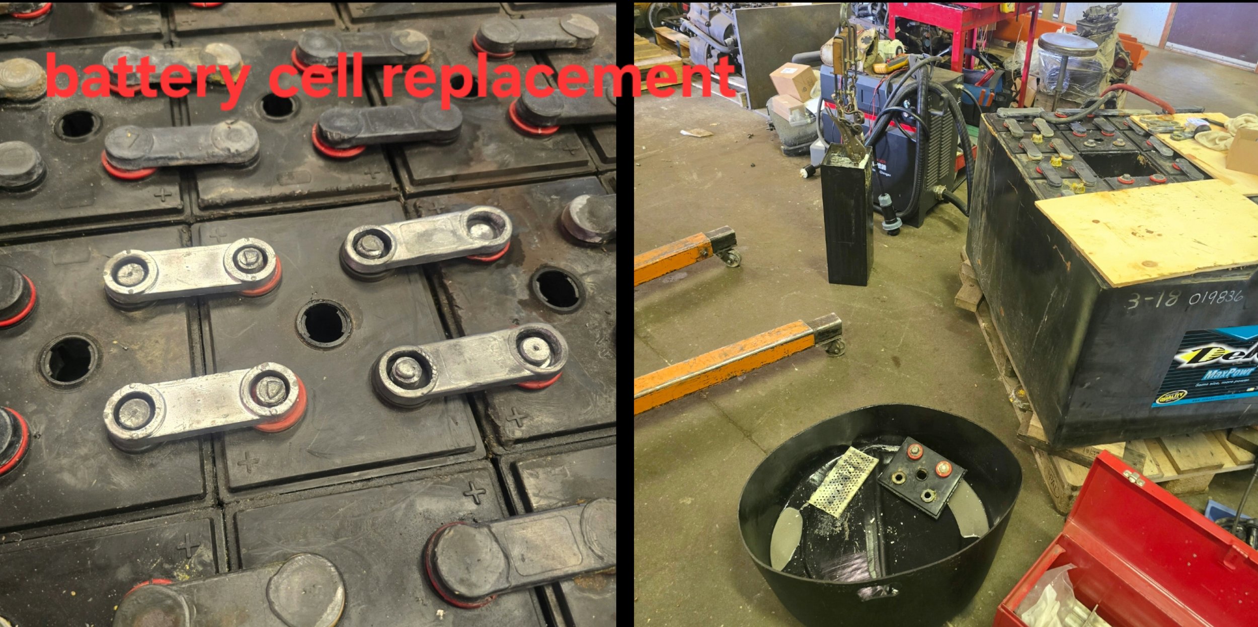 Left side shows a close-up of worn car battery cells with visible top terminals, right side shows a workshop with a forklift, workbenches, and car battery replacement equipment.