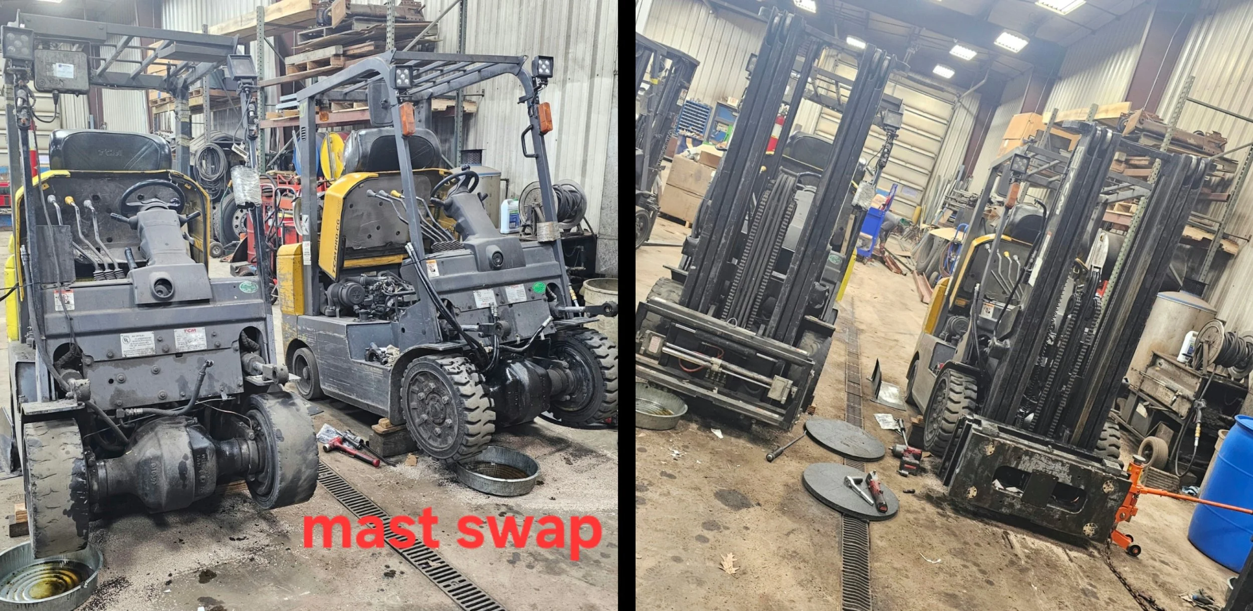 The image is split into two parts showing a warehouse with forklift mast swapping equipment. The left side shows a disassembled forklift mast with tools and parts around it, and the right side shows a forklift mast being installed or removed from a f