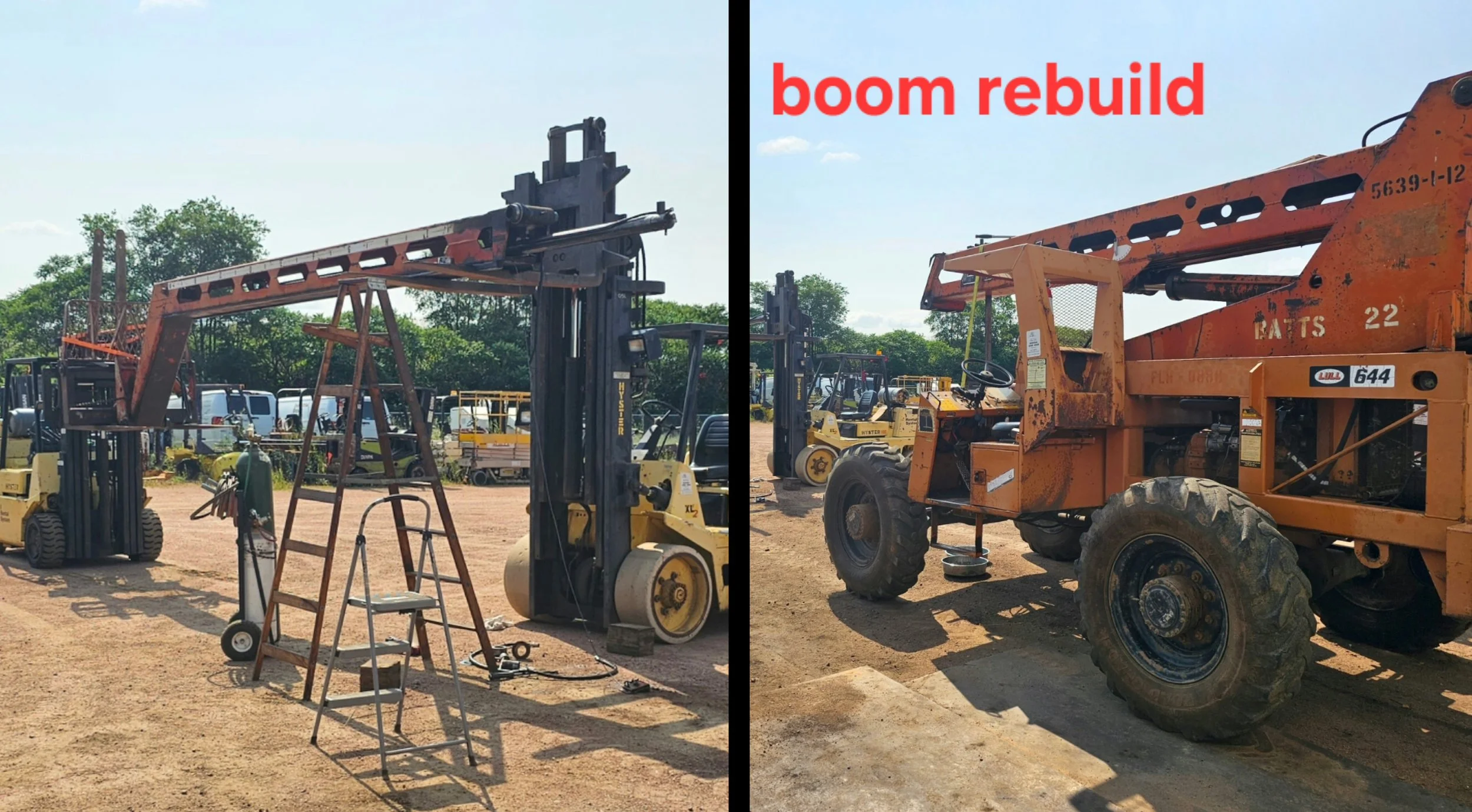 Side-by-side images of construction equipment, with the left showing a drill and the right showing a boom lift. The background features trees and a clear sky.