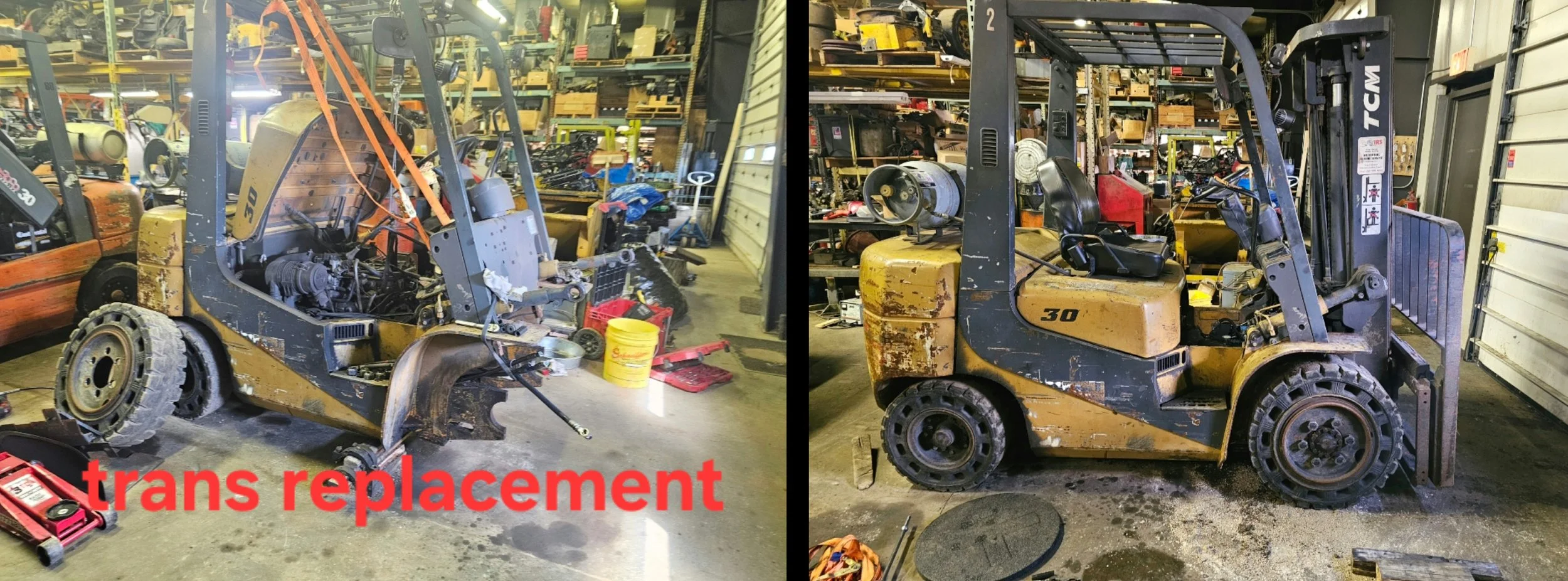 A yellow and black forklift in a garage or workshop undergoing transmission replacement, with parts removed and tools around. The forklift has a damaged appearance with rust and missing covers, and the words "trans replacement" are overlaid in red te