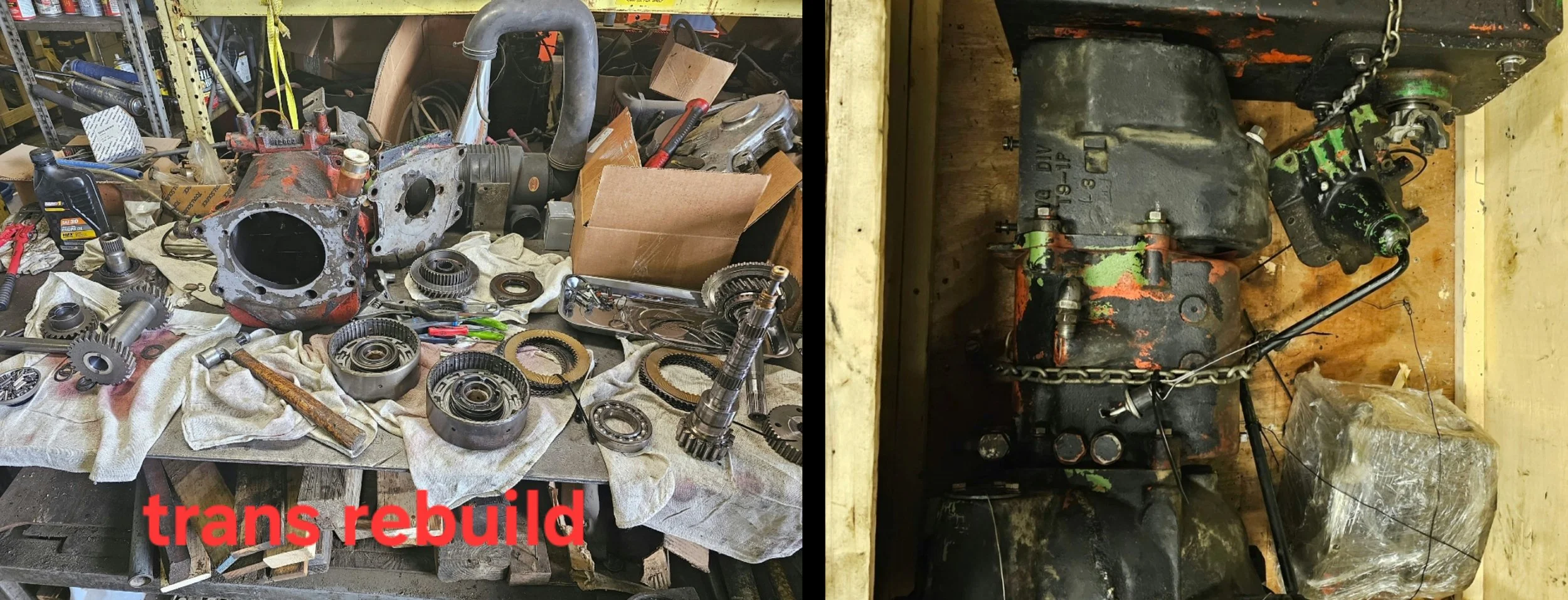 Image showing a workshop with car transmission components on a workbench on the left side, labeled 'trans rebuild' and a large engine on a wooden platform on the right side.