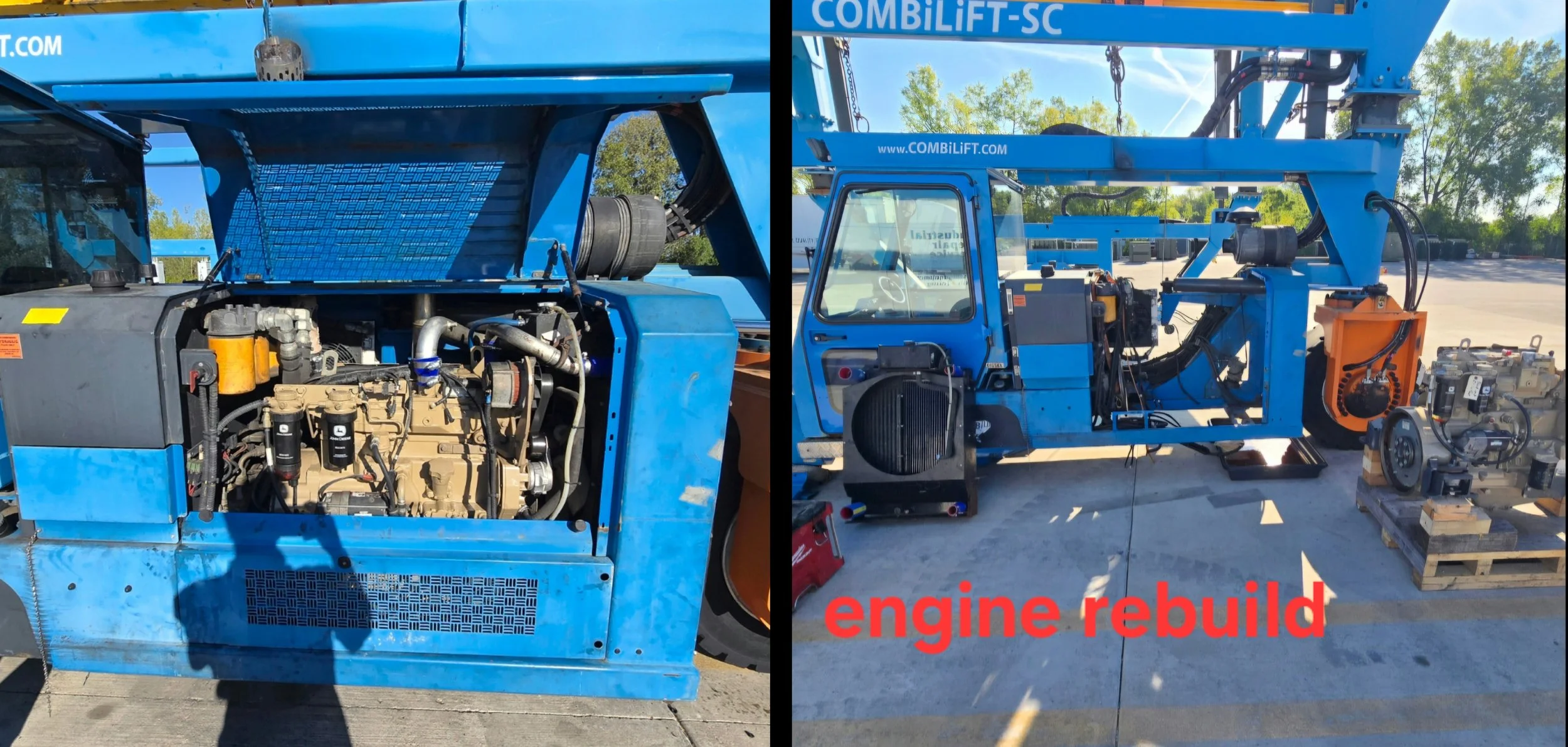 Side-by-side comparison of a blue aerial work platform with its engine compartment open on the left, showing the engine and components, and with the engine rebuilt on the right, with visible mechanical parts and the text 'engine rebuild' in red.