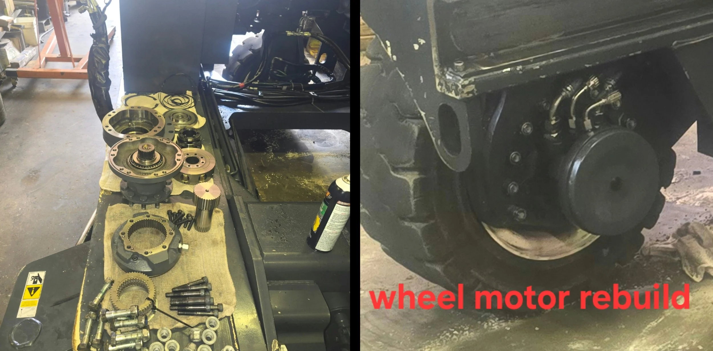 Left side shows disassembled car parts and tools on a workbench, right side shows a close-up of a car wheel assembly with the caption 'wheel motor rebuild'.