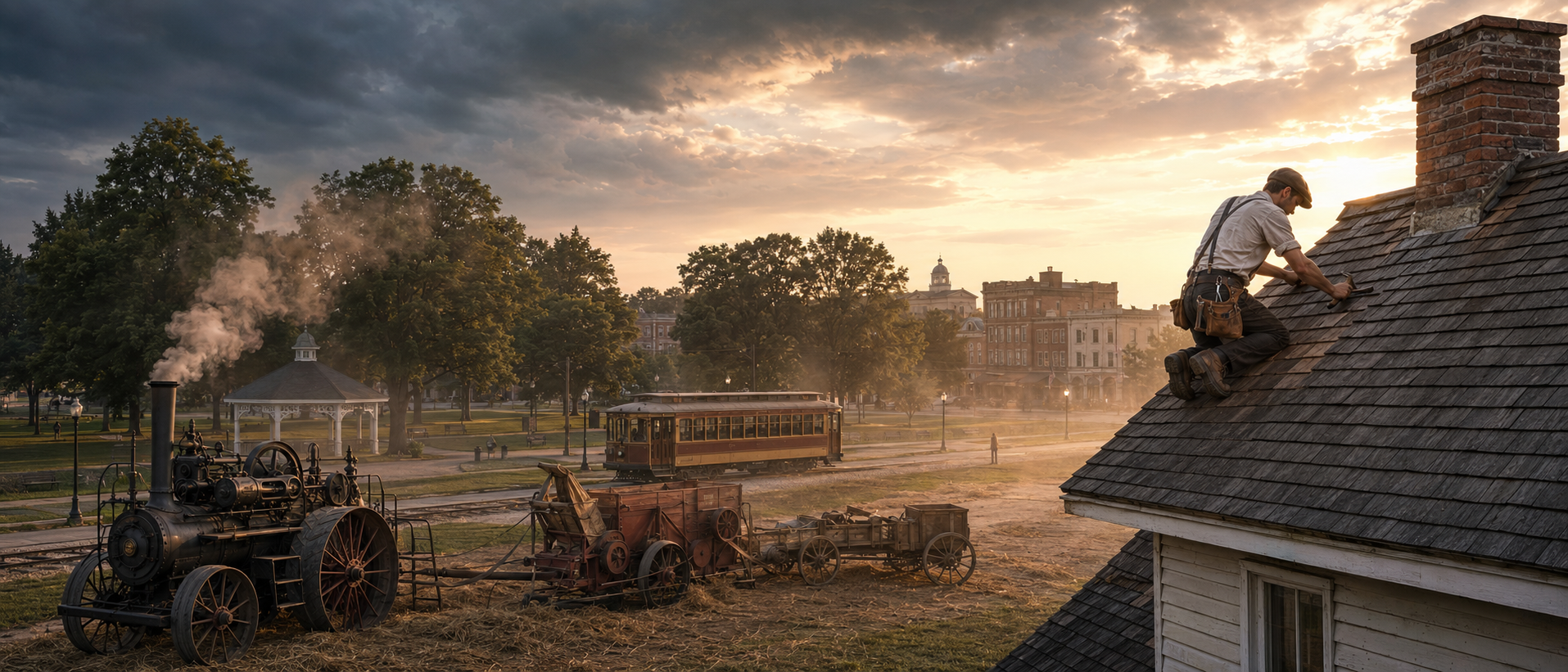 Illustration of a roofer overlooking a rural landscape and steam engines at sunset