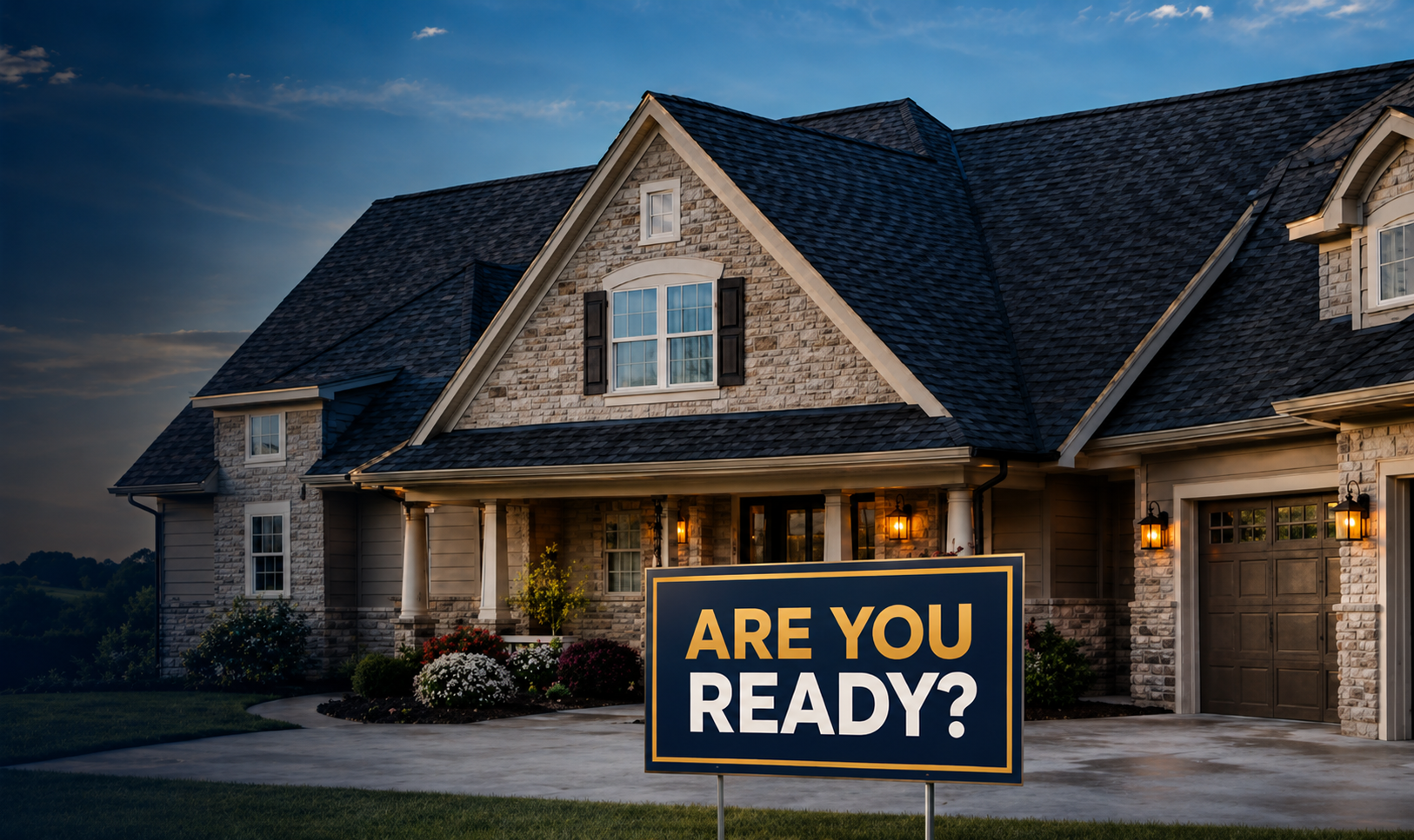House with a dark shingle roof and an “Are You Ready?” yard sign.