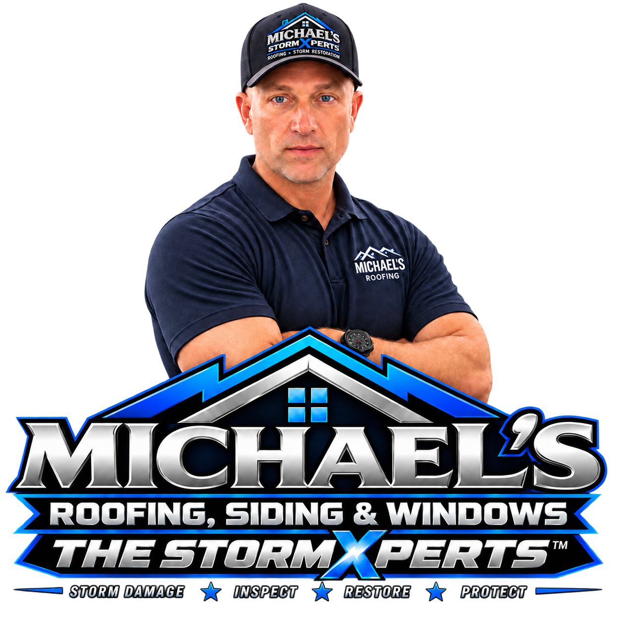Michael White above the Michael's Roofing, Siding & Windows - The StormXperts logo