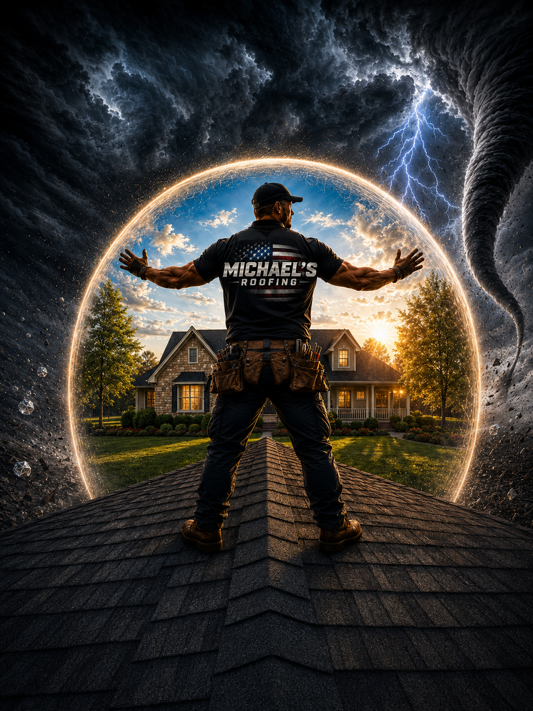 Illustration of a roofer facing a house within a glowing shield during a storm