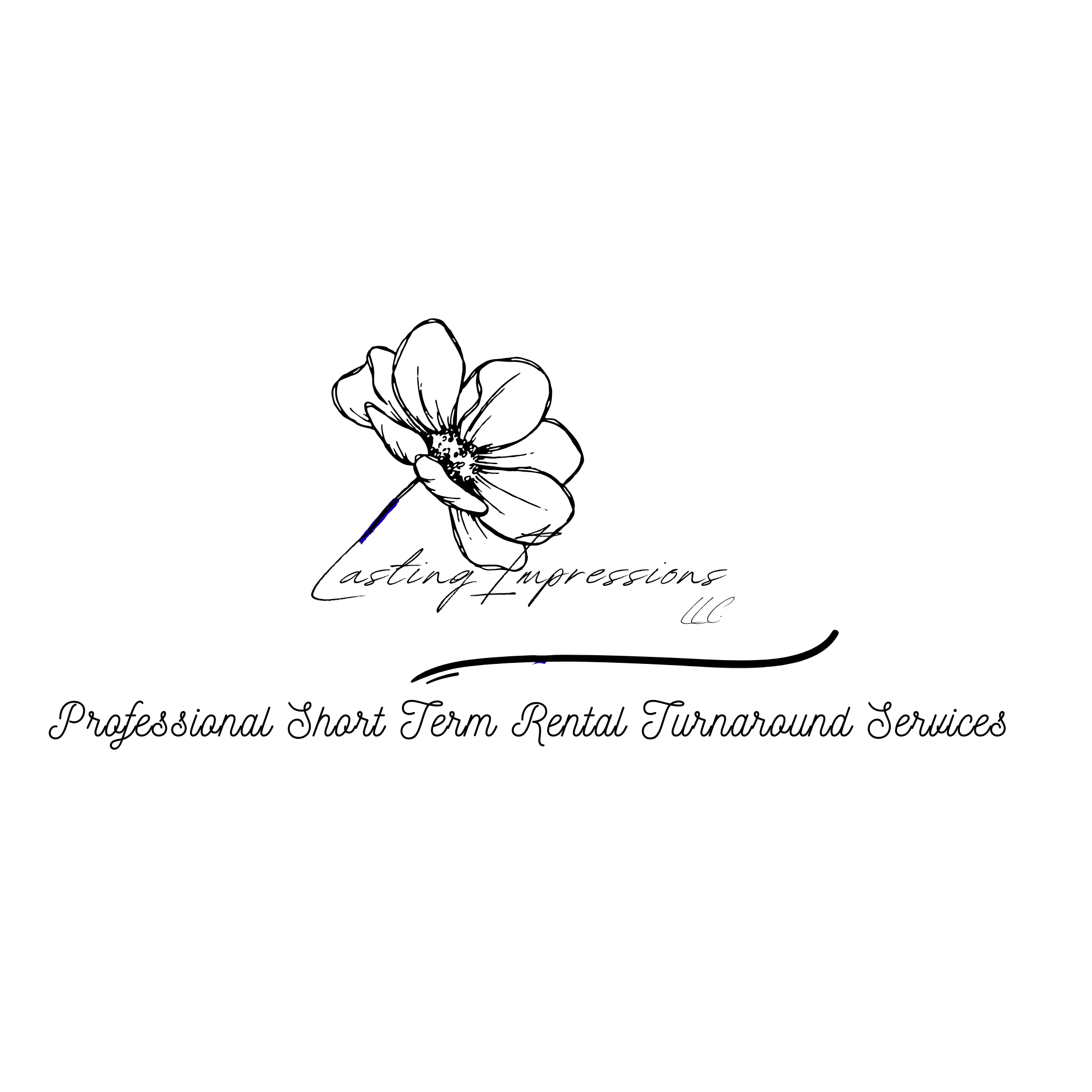 A black and white line drawing of a flower with the words 'lasting impressions' written in cursive below and 'Professional Short Term Rental Turnaround Services' written below that.