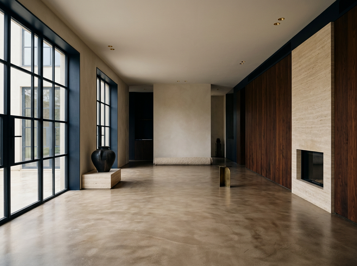 Modern interior room with large black-framed windows, a beige floor, a dark wood-paneled wall, a beige fireplace, and minimalistic decor including a black vase on a pedestal and small sculptures.
