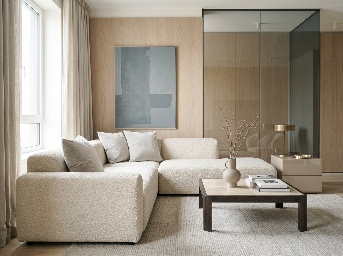 Living room with beige sectional sofa, neutral-colored cushions, a coffee table with books, a decorative vase, window with beige curtains, and minimalist artwork on the wall.