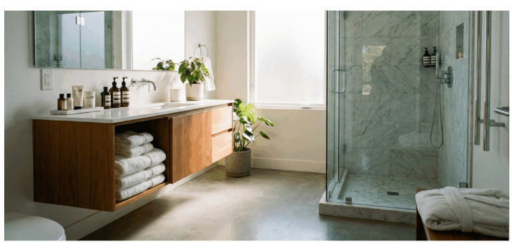 Modern bathroom with a wooden vanity, white towels, plants, and a glass shower enclosure.