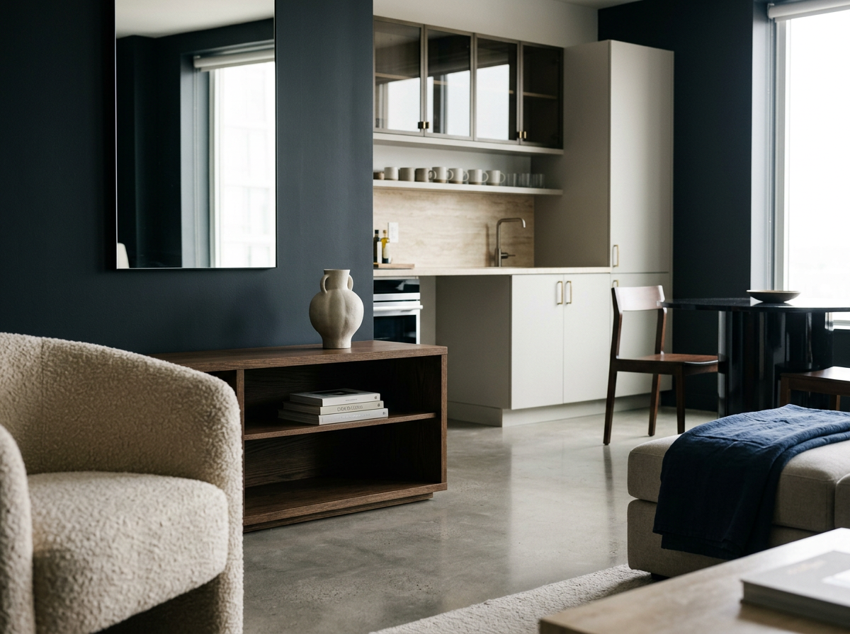 A modern living room and kitchen with dark green accent wall, cream armchair, wooden TV stand with a white vase, and a coffee table with a notebook. The kitchen has white cabinets and a small dining table with a wooden chair, and a dark round table with a bowl.