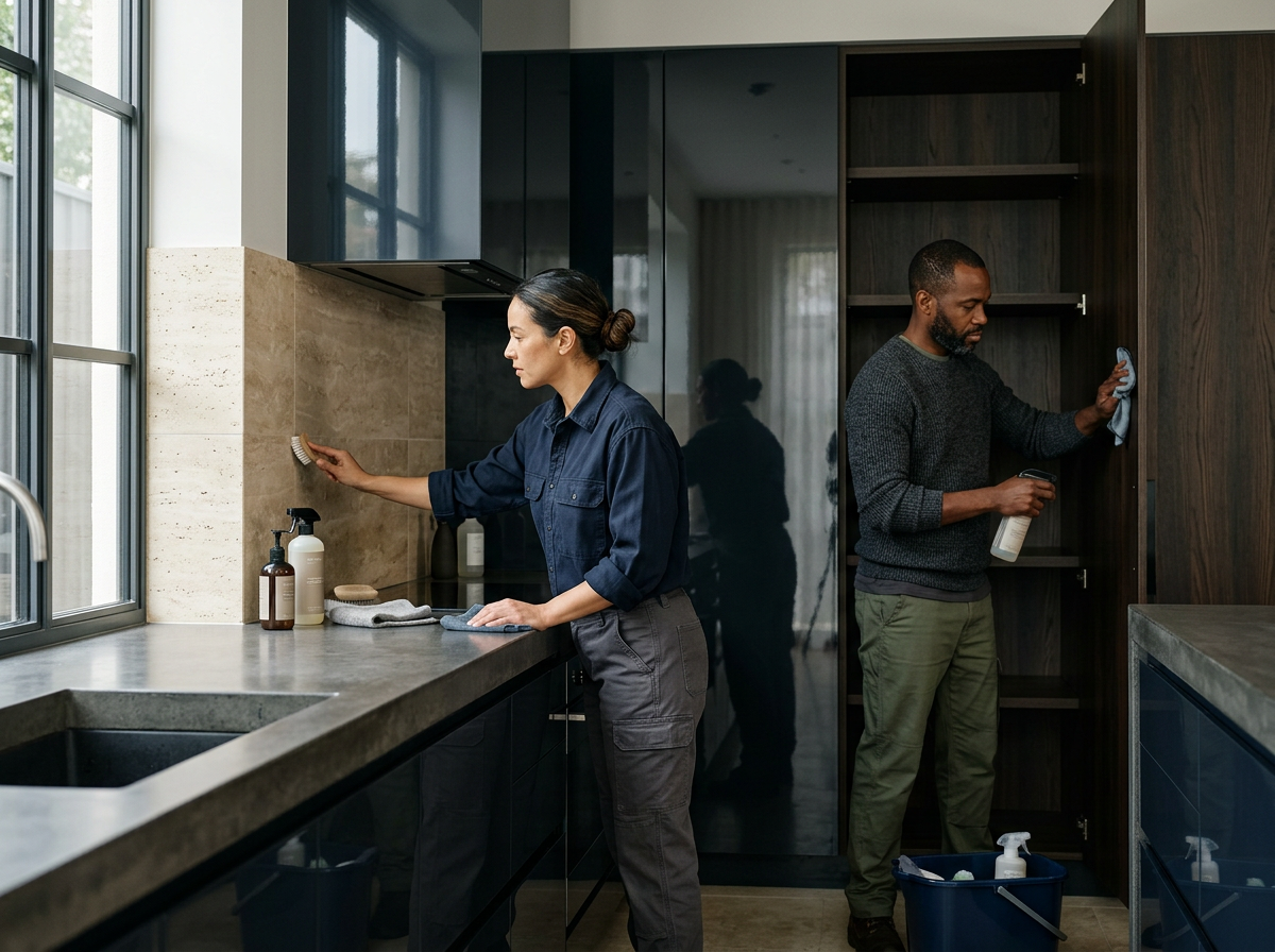 Two people cleaning a modern kitchen, one woman scrubbing a backsplash and a man cleaning inside a cabinet.