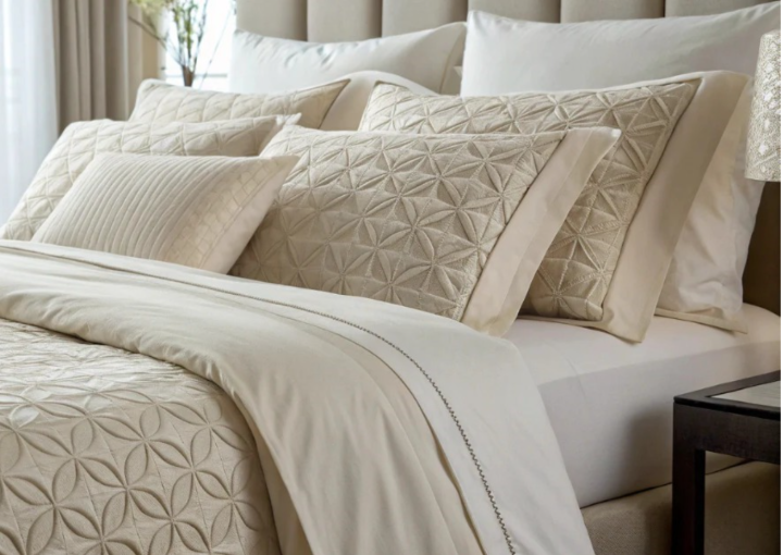 A neatly made bed with multiple cream-colored and beige decorative pillows and a matching bedspread, with a side table and a window with curtains in the background.