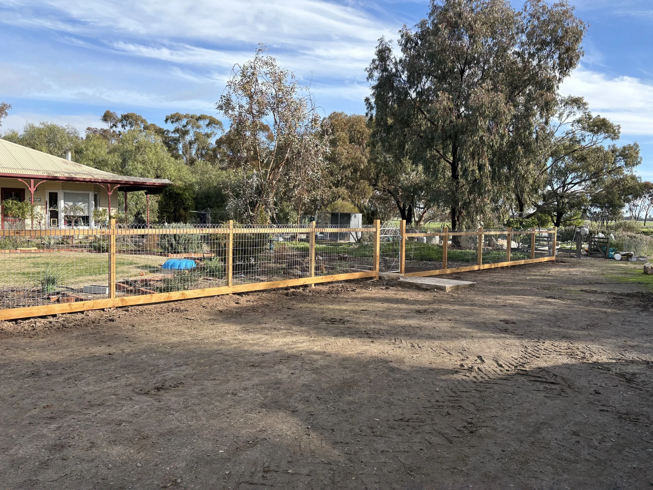 A rural backyard with a wooden fence, trees, a house with a metal roof, and a dirt ground.
